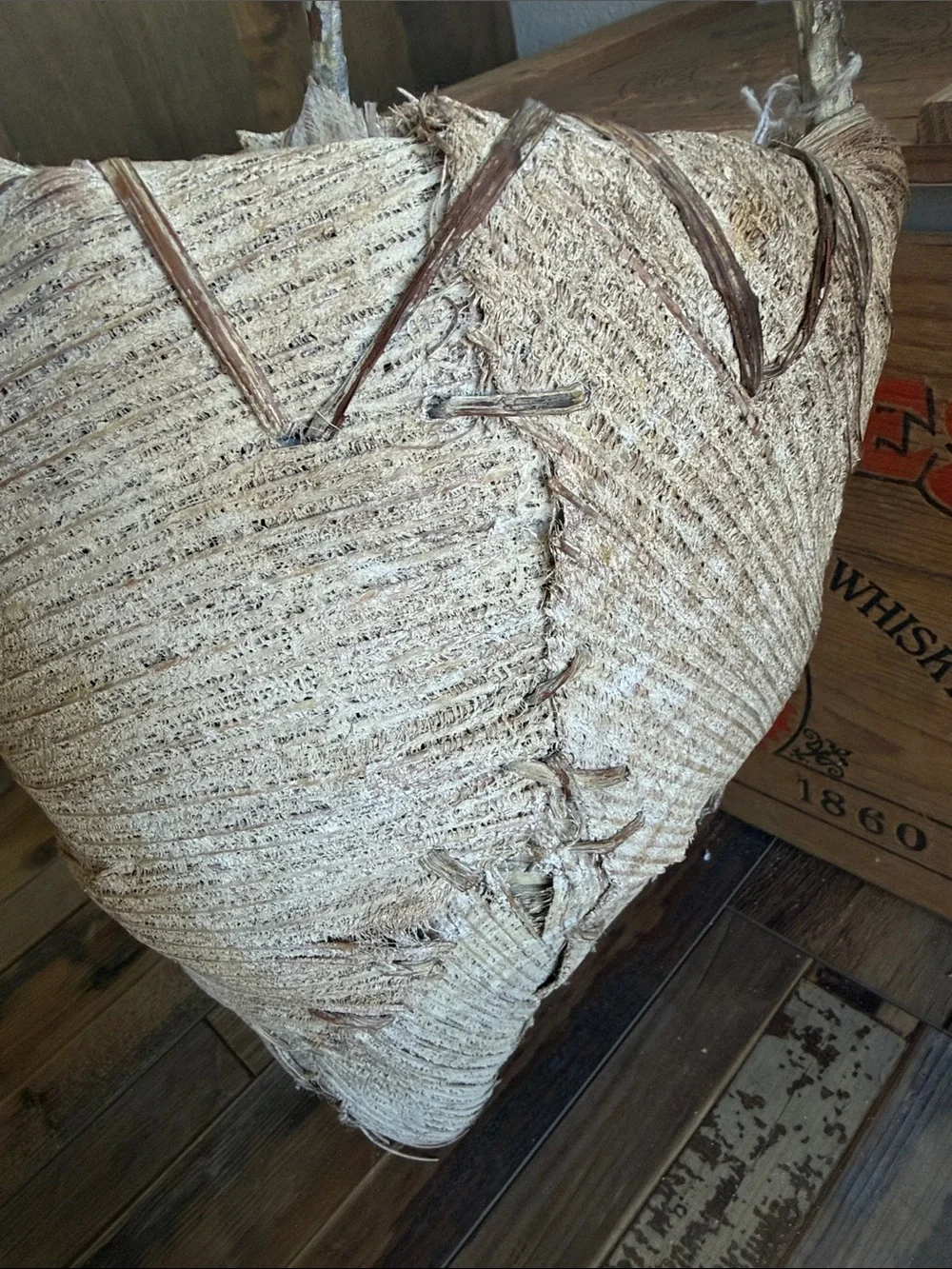 Organic Handmade Palm Frond Husk Wall Hanging Basket with Curved Branch Handle